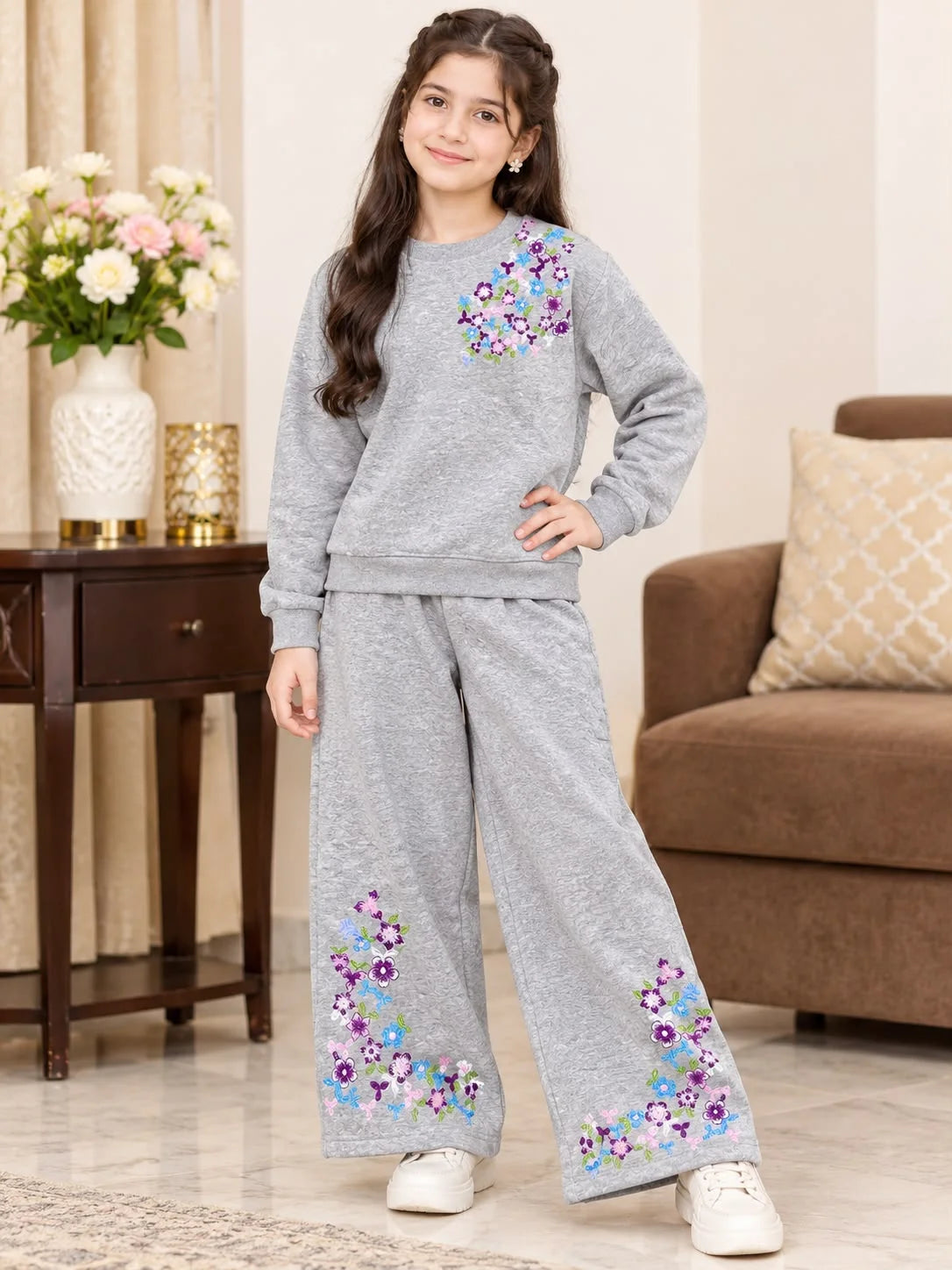 Pink Right Side Embroidery Grey Co-ord Tracksuit Set R-480