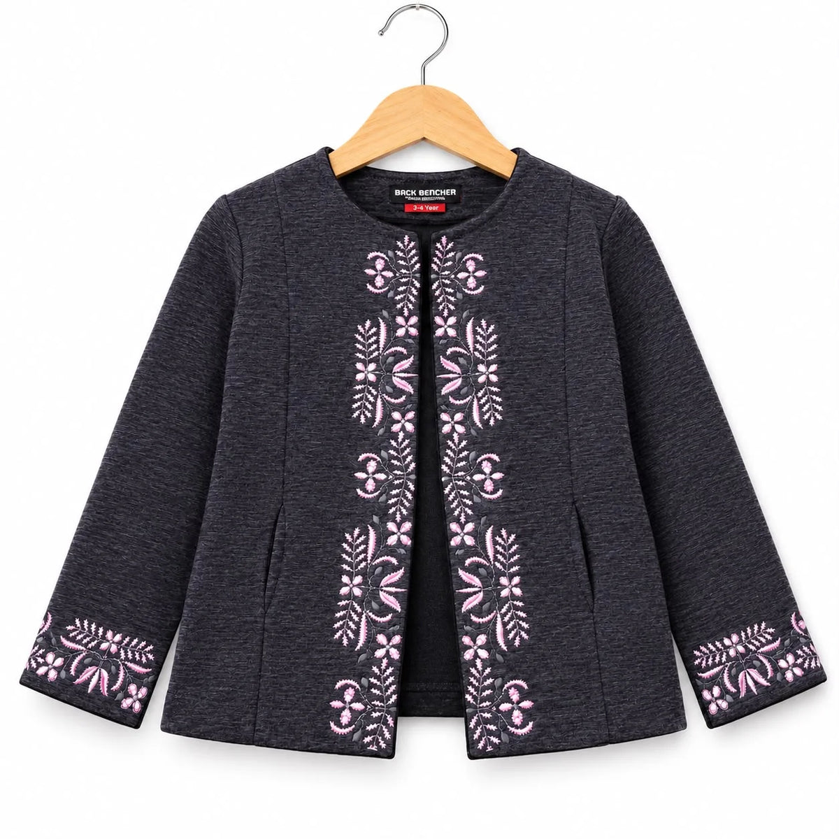 Front Embroidery Charcoal Wool Jacket for Girls( R-447 )