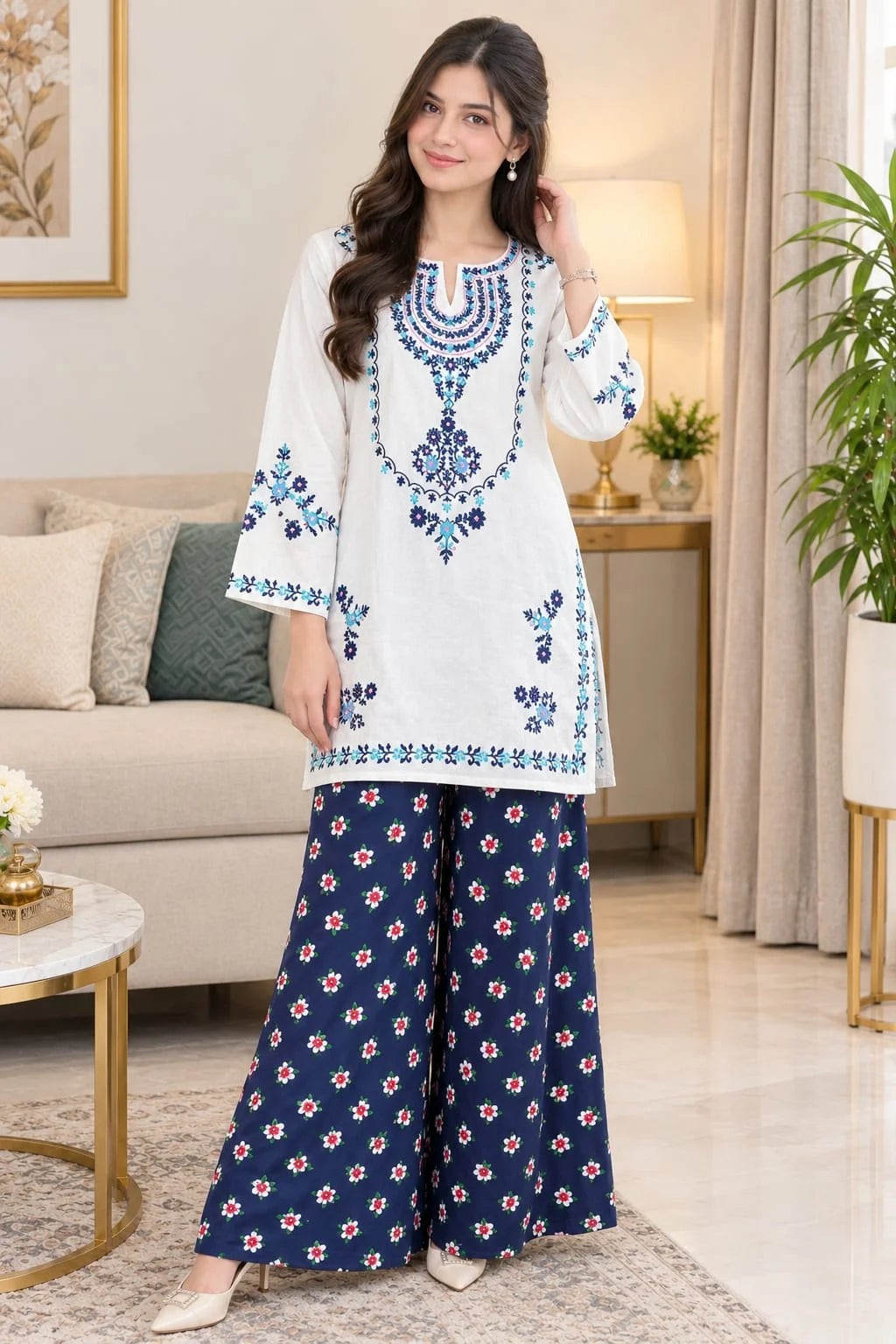 Front Embroidery White Corduroy Co-Ord Set For Women