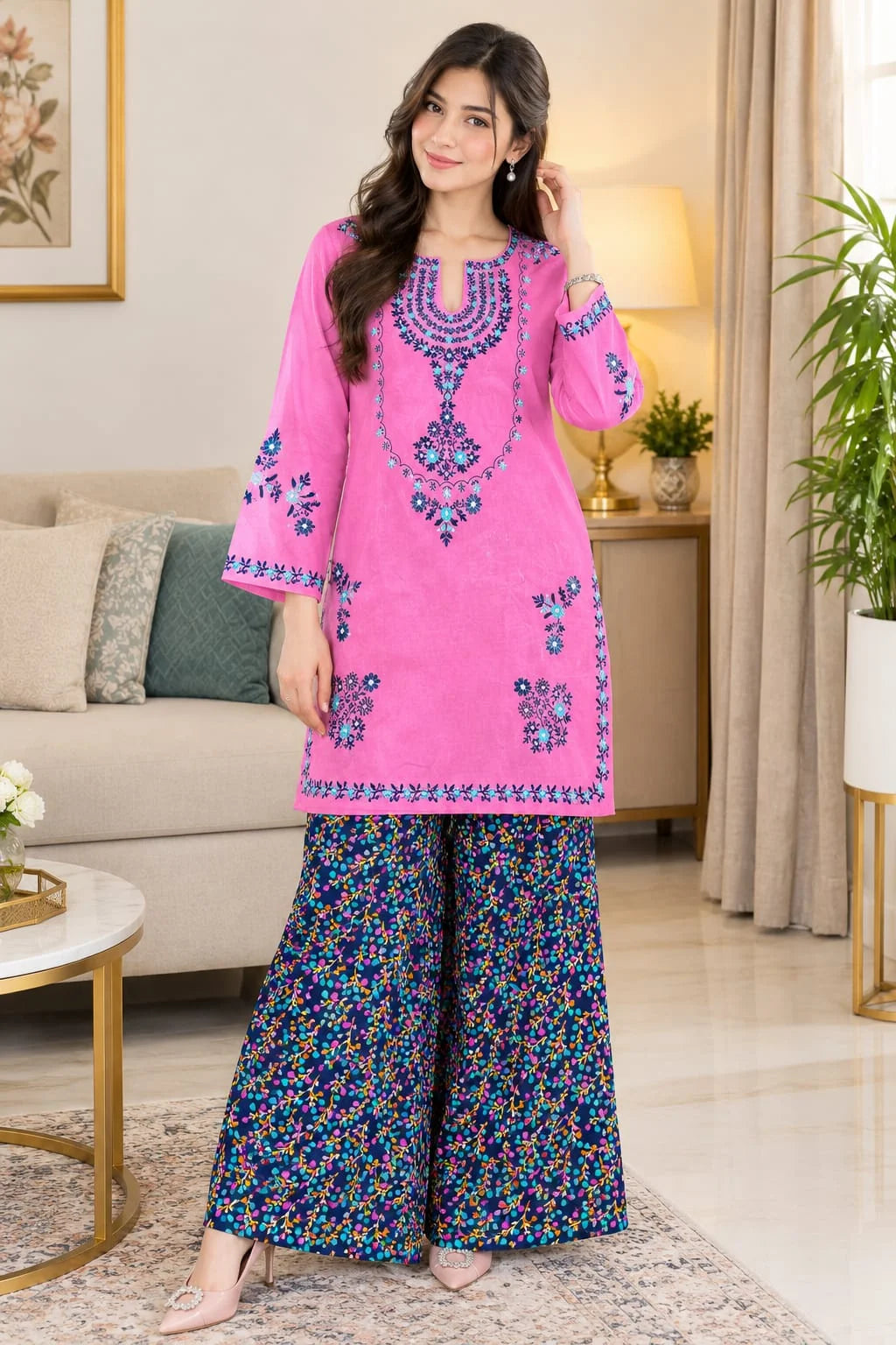 Front Embroidery Baby Pink Corduroy Co-Ord Set For Women