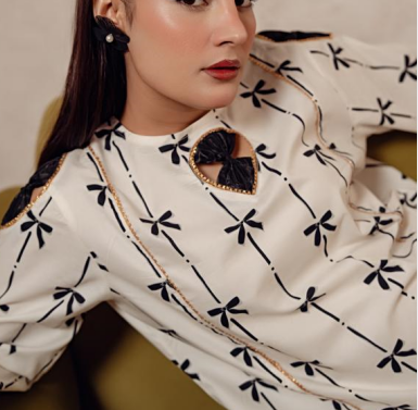 Bow Print All Over Print Cream 2Pcs Suit Women ( R-110 )