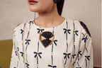 Bow Print All Over Print Cream 2Pcs Suit Women ( R-110 )