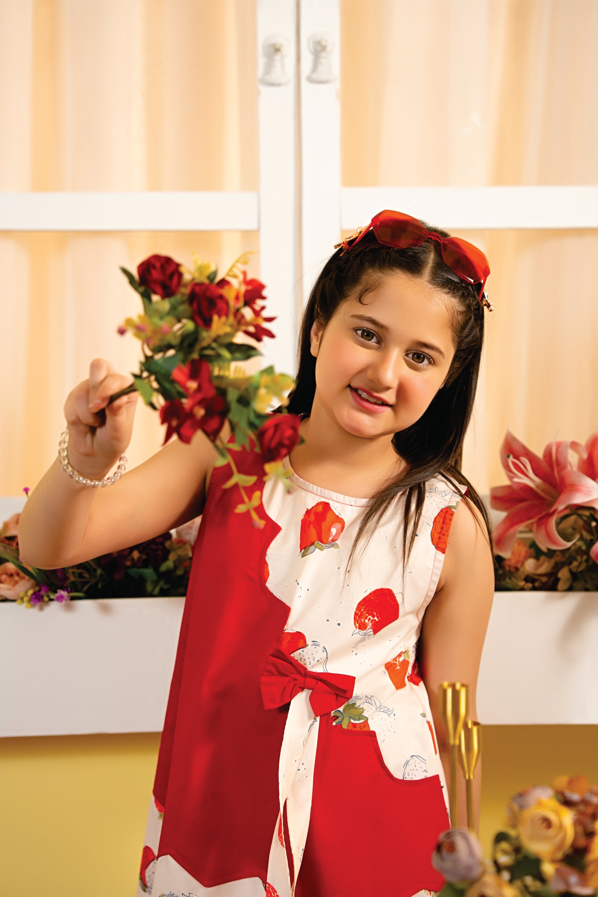 Strawberry Print Sleeveless Peach Red Pair Girls ( CC )