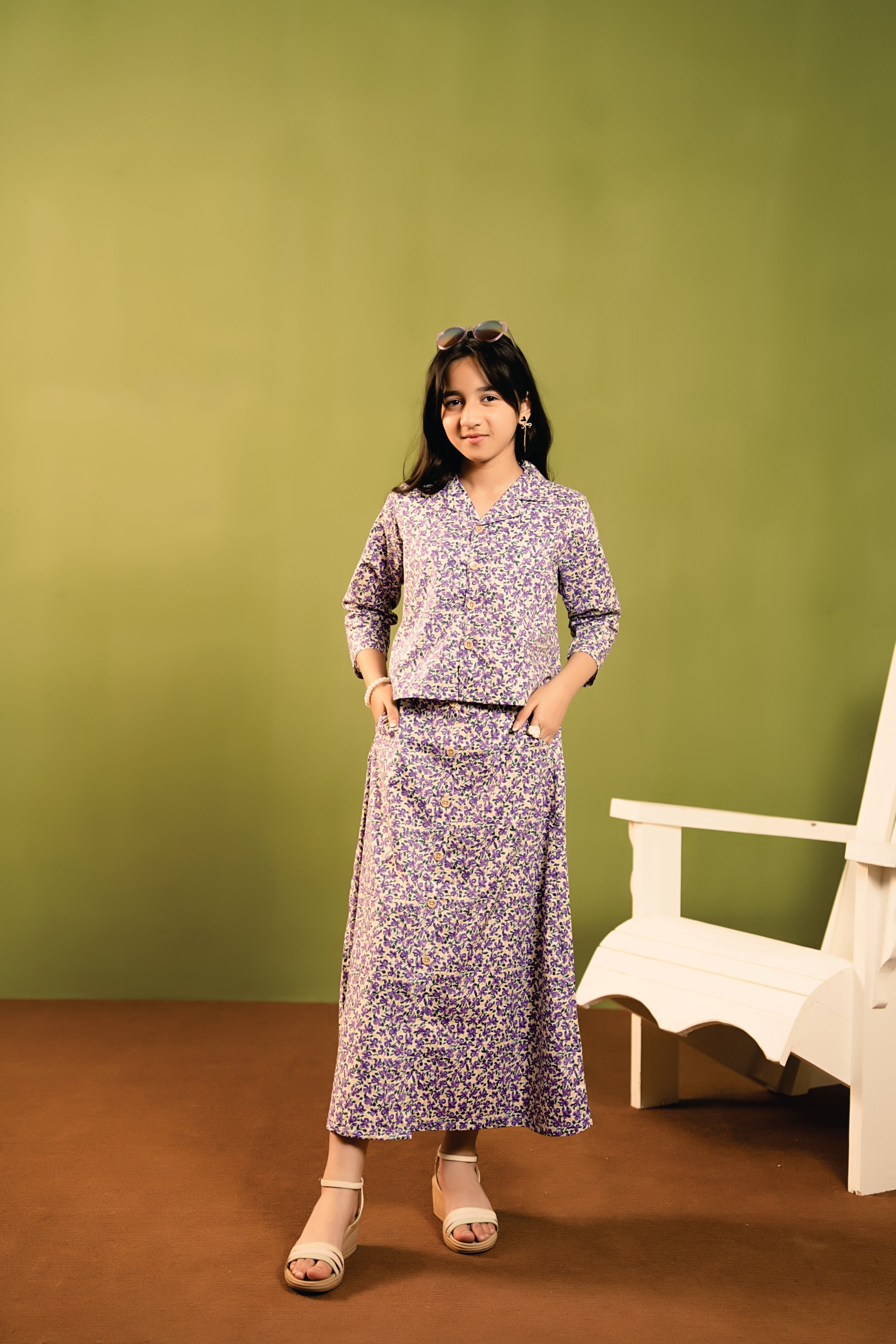 Purple Rose All Over Print Cream Chines Lehenga 2Pcs Suit Girls