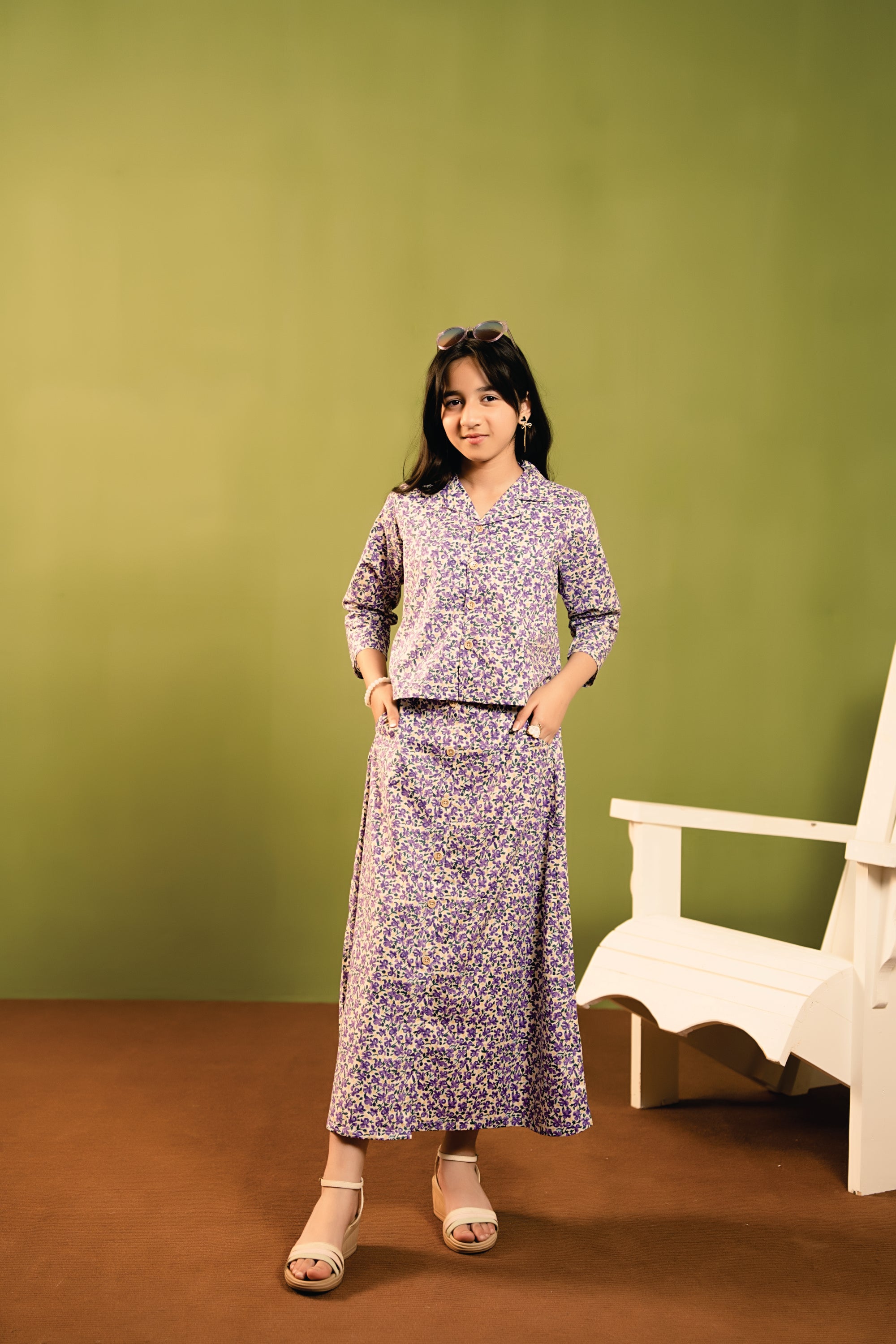 Purple Rose All Over Print Cream Chines Lehenga 2Pcs Suit Girls ( R-375 )