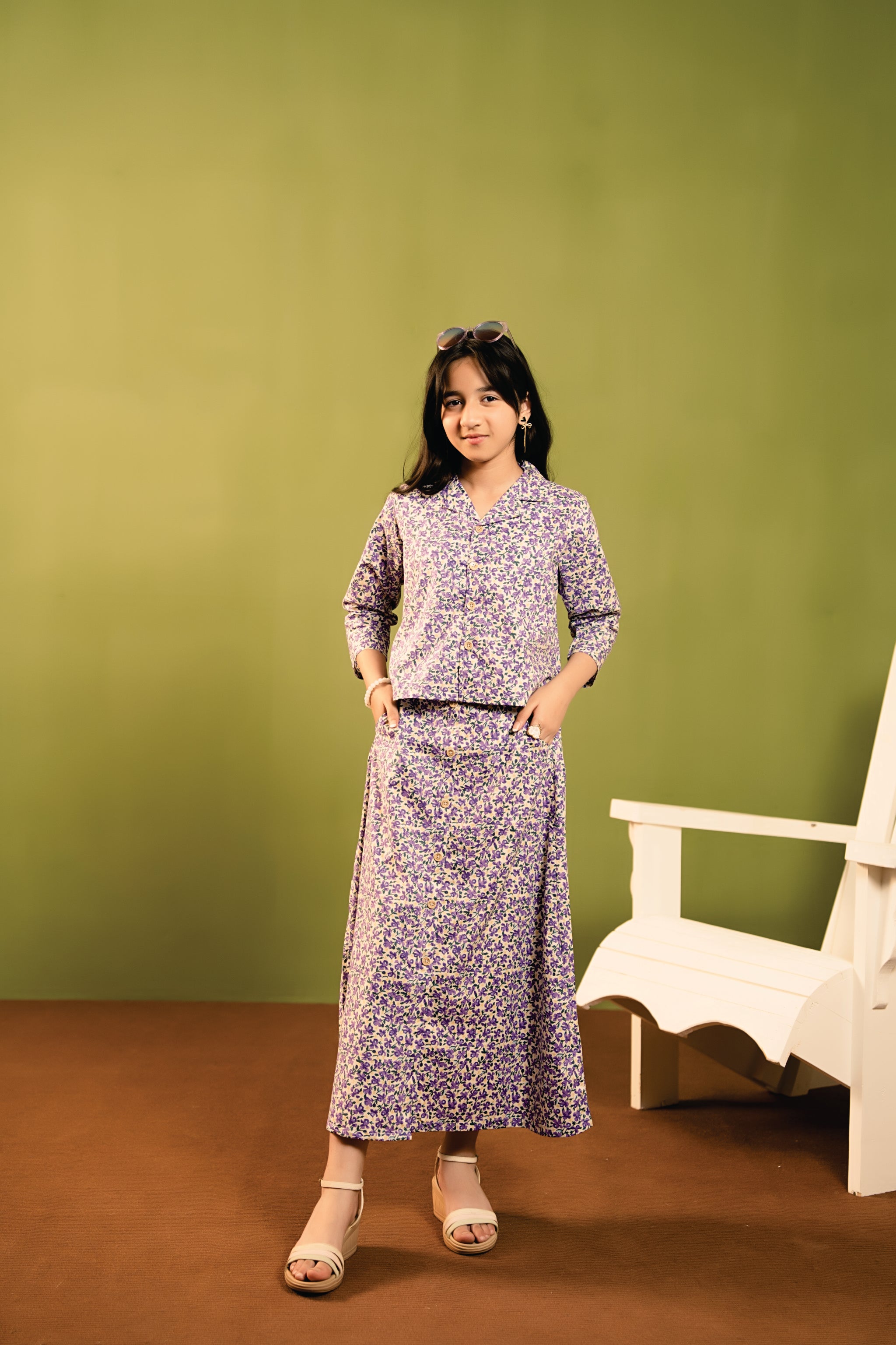 Purple Rose All Over Print Cream Chines Lehenga 2Pcs Suit Girls