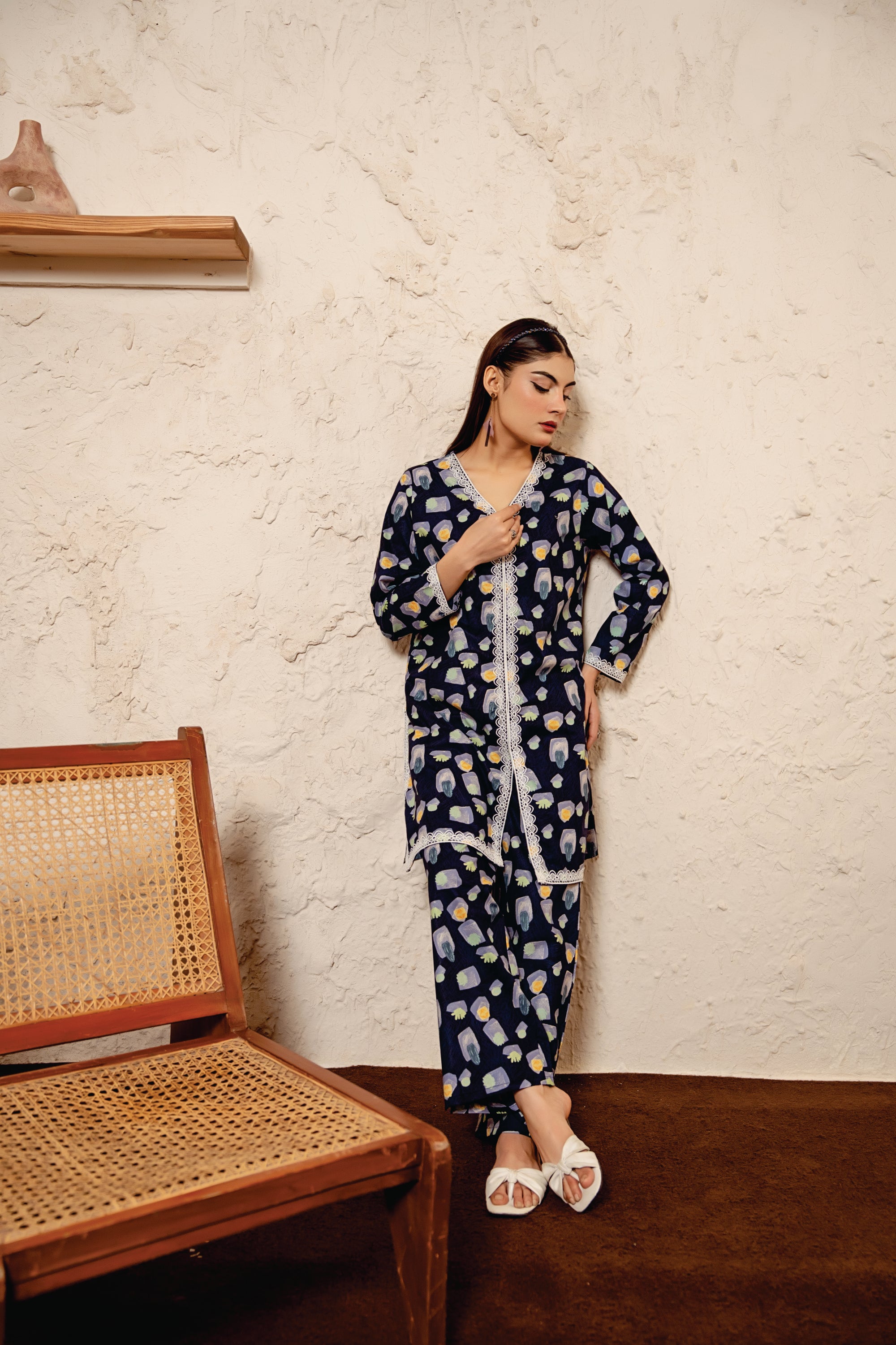 Diamond All Over Print Navy 2Pcs Suit Women