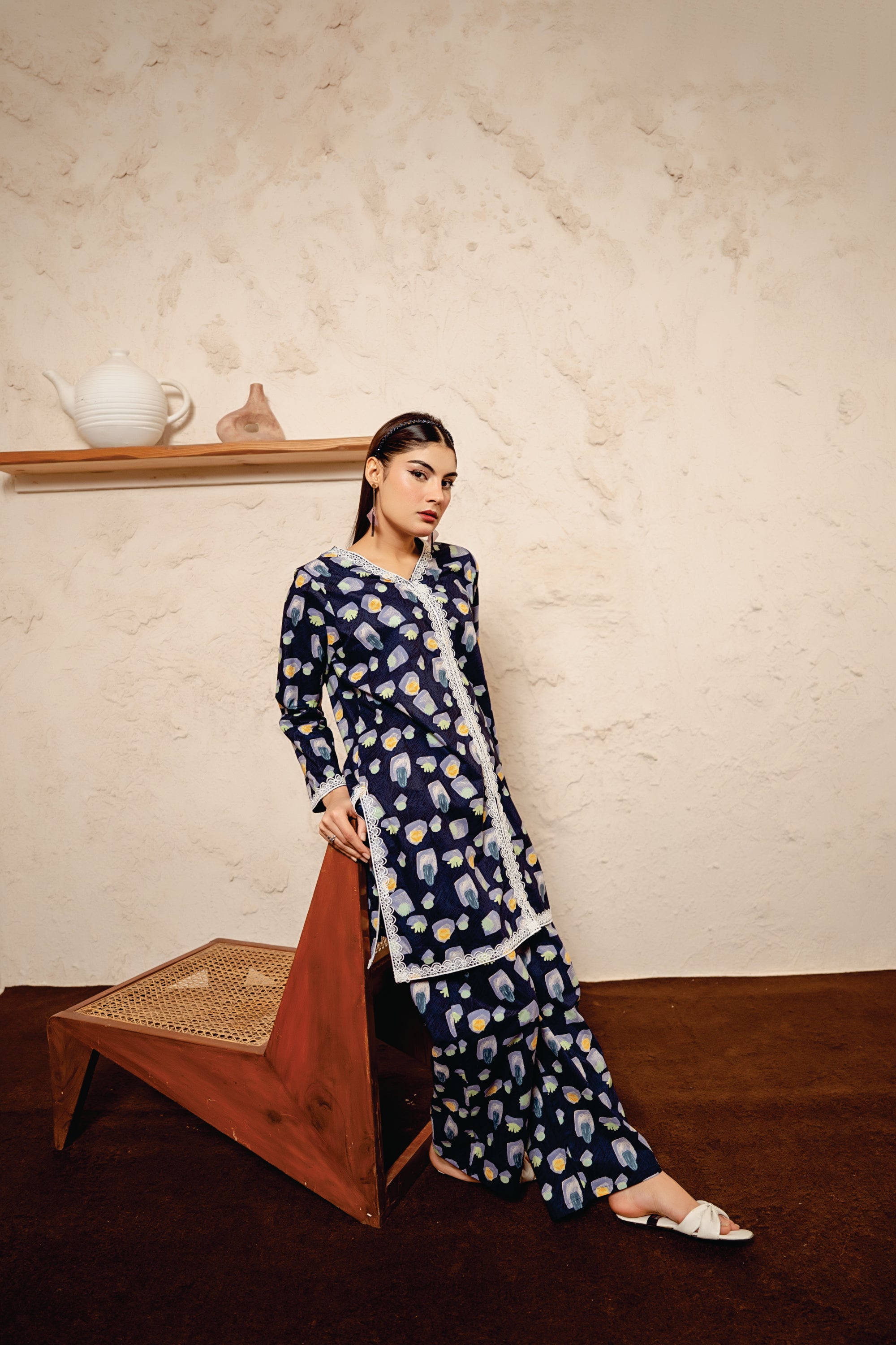 Diamond All Over Print Navy 2Pcs Suit Women