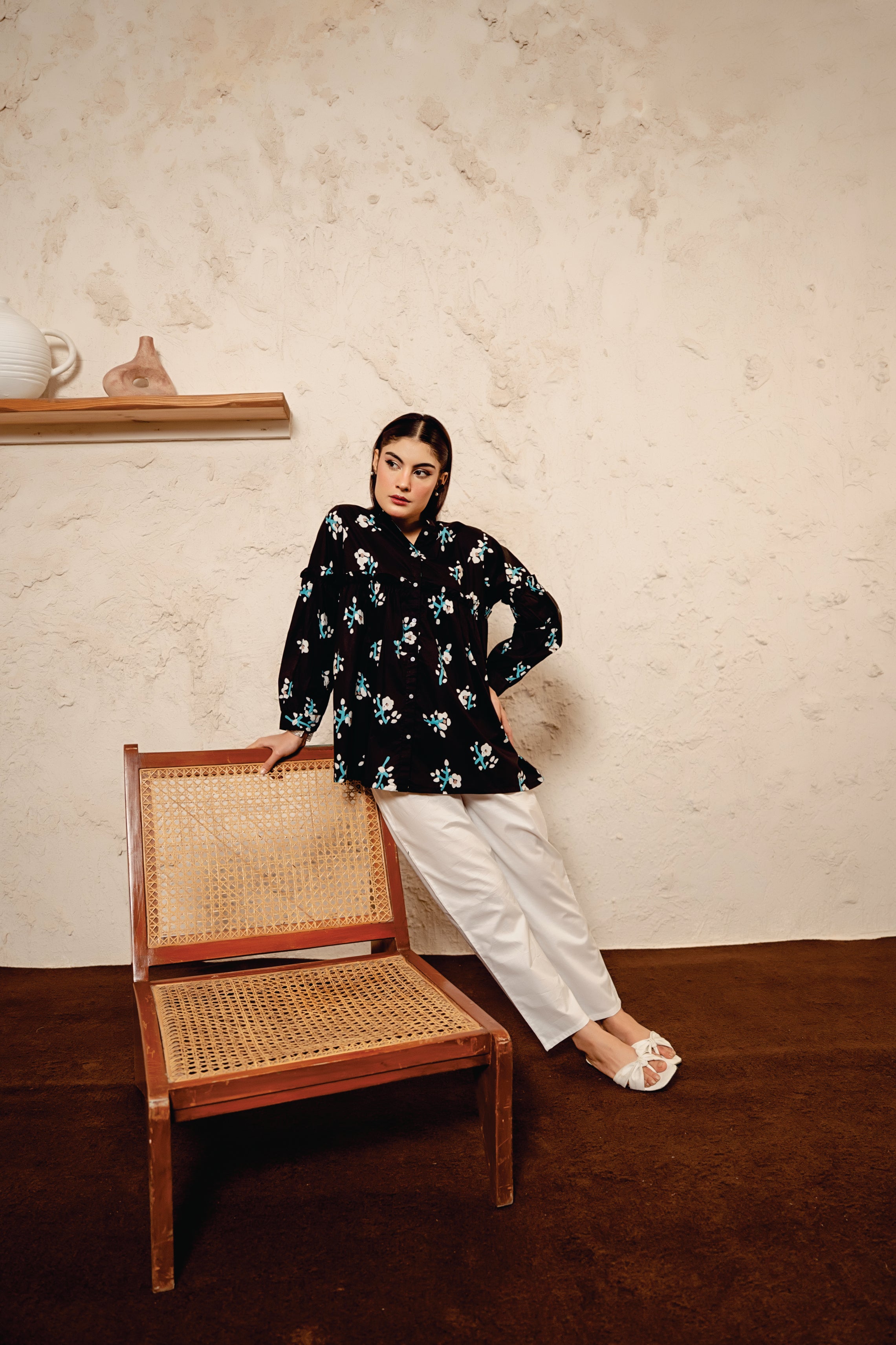 White Flower All Over Print Black Frock Women