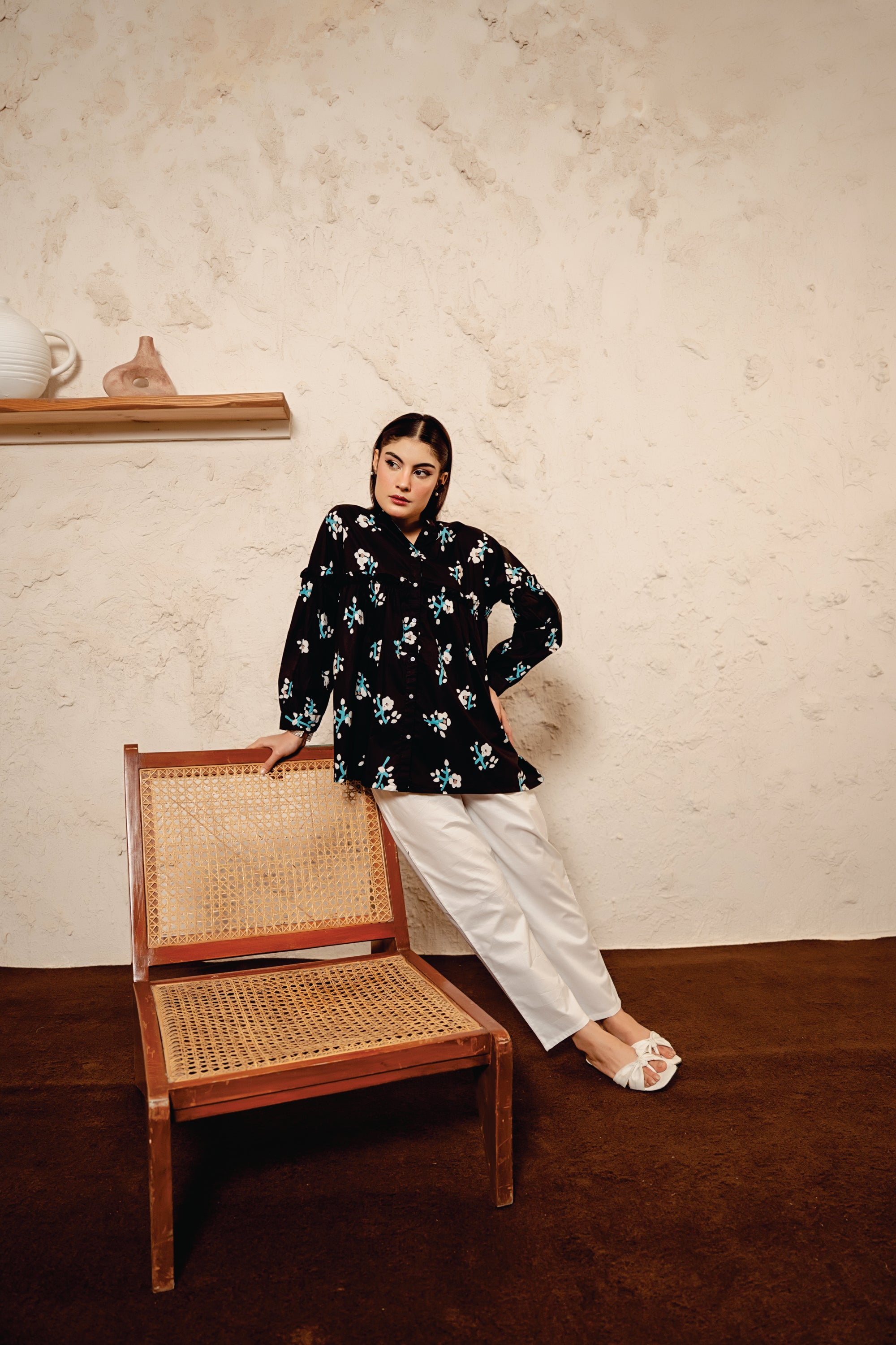 White Flower All Over Print Black Frock Women