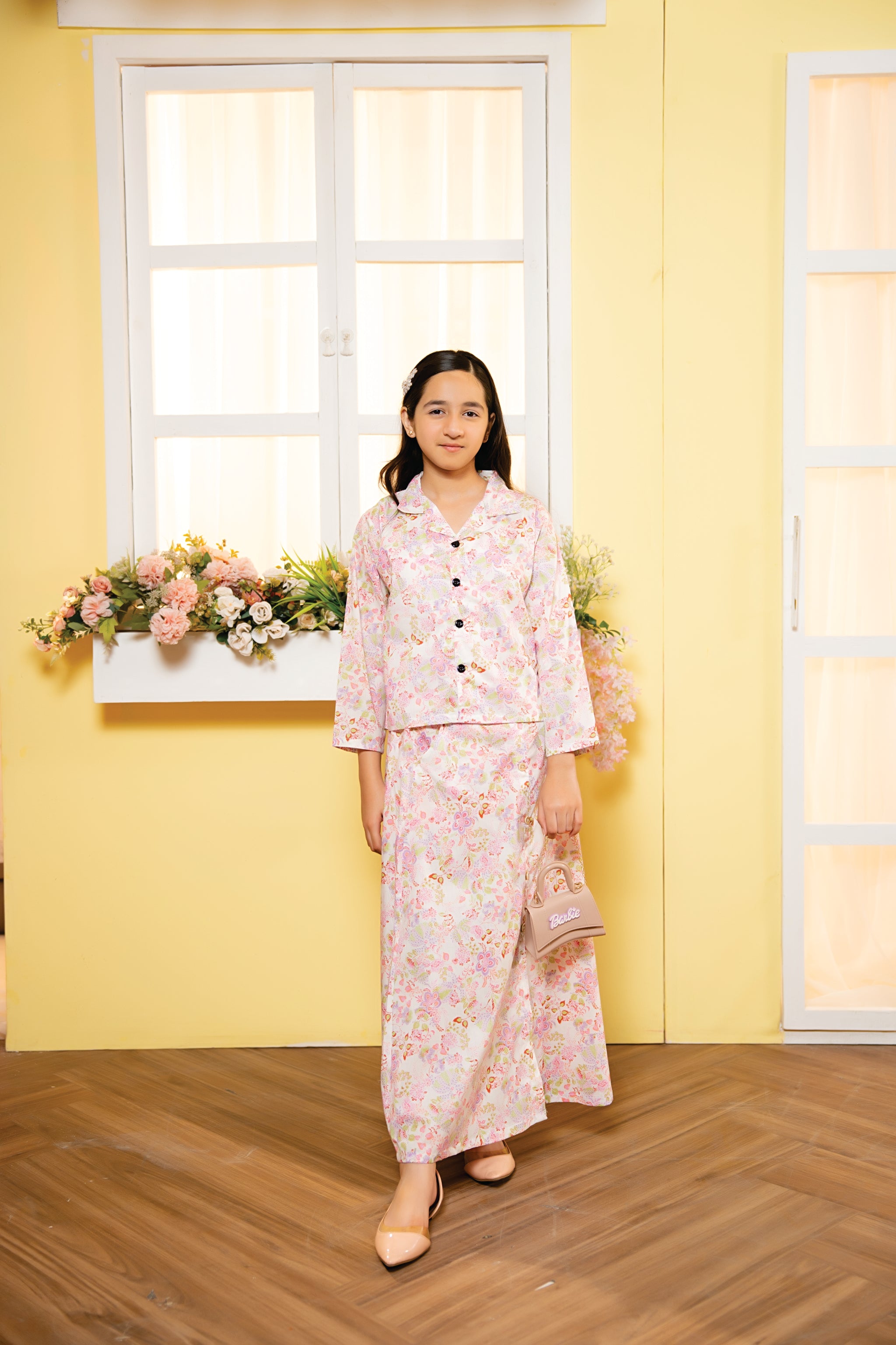 Pink Flower Cream Chines Lehenga 2Pcs Suit Girls