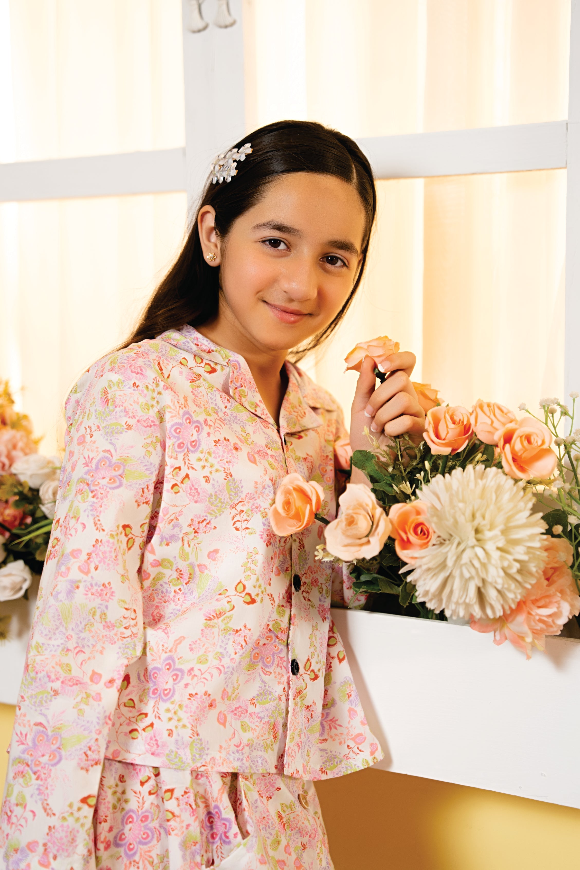 Pink Flower Cream Chines Lehenga 2Pcs Suit Girls