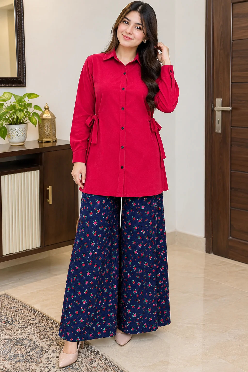 Corduroy Maroon Frock & Floral Printed Palazzo Co-Ord Set For Women