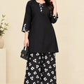Black With Floral Printed Wide-Leg Farshi Shalwar 2-Piece Suit For Women