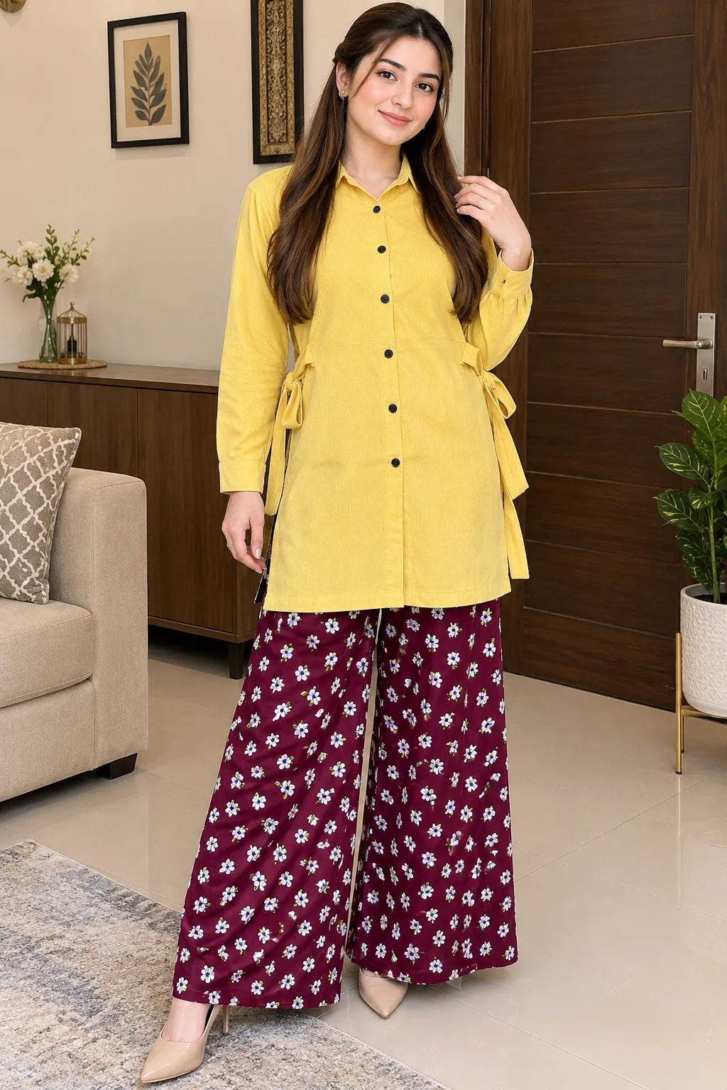 Corduroy Yellow Frock & Floral Printed Palazzo Co-Ord Set For Women
