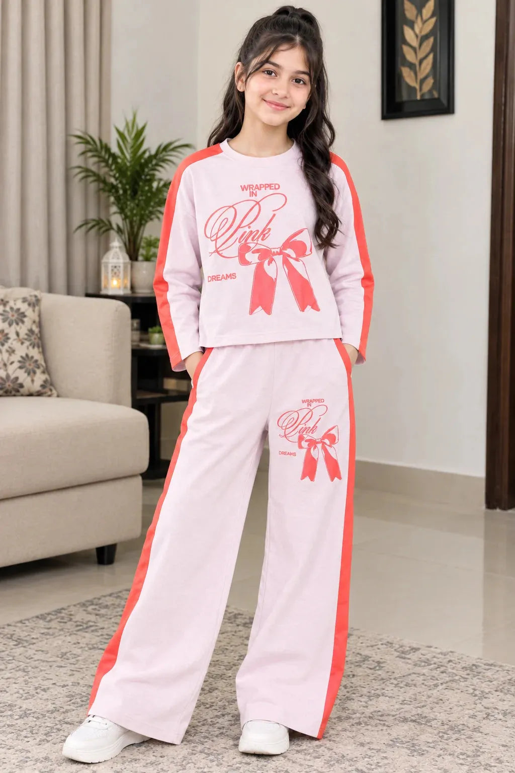 Bow Print" Full Sleeve Carrot Panel  Baby Pink Baggy Trouser Shirt For Girls ( R-392 N )