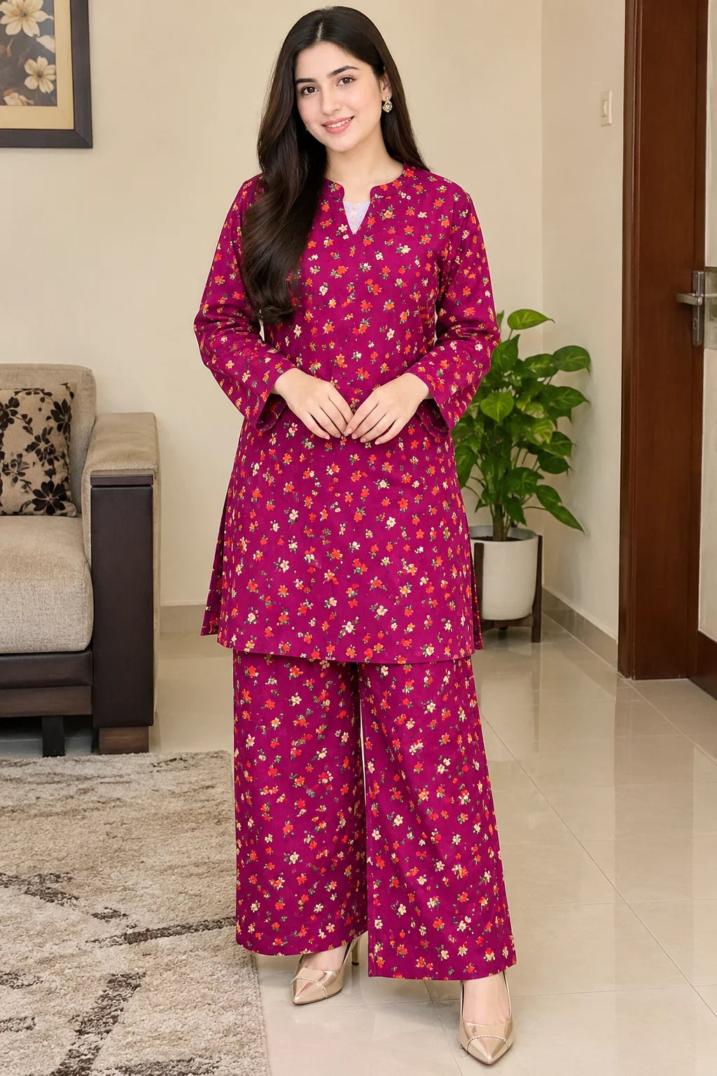 Plum Magenta Floral Printed Corduroy Co-Ord Set For Women