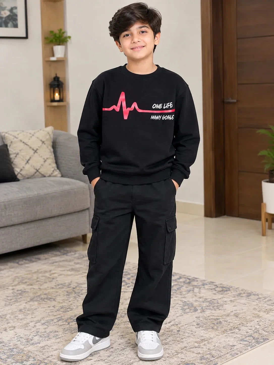 One Life Many Goals Print Black Sweatshirt Boys