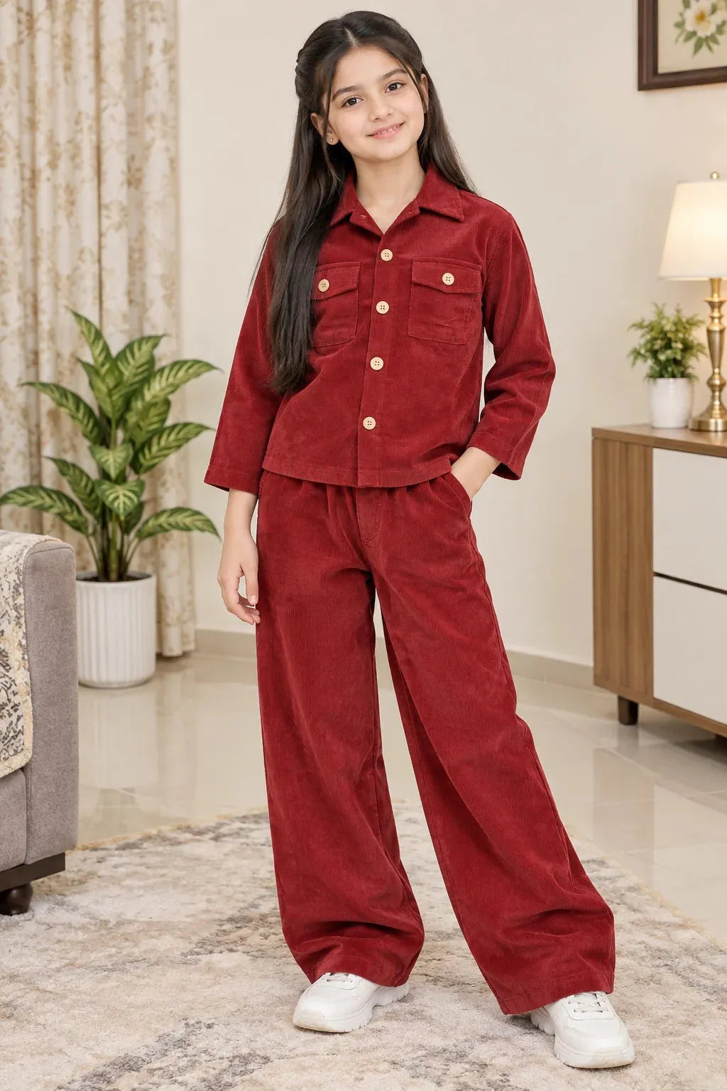 Two Side Pocket Rust Orange ( Corduroy ) Coat Collar Suit Girls ( R-473 N )