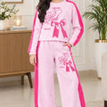Bow Print" Full Sleeve Pink Panel  Baby Pink Baggy Trouser Shirt For Girls