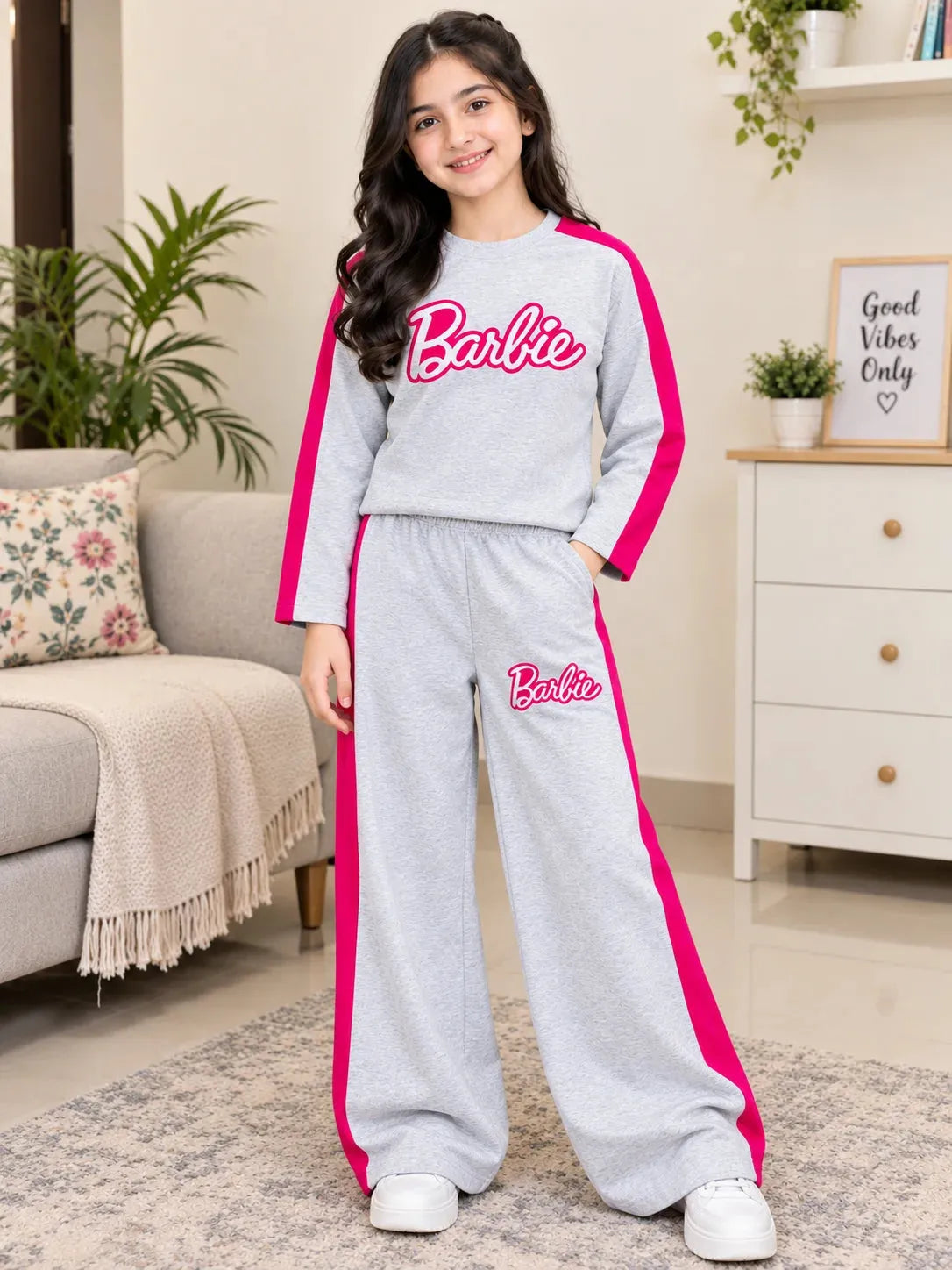 Barbie Print " Full Sleeve Off White Baggy Trouser Shirt For Girls ( R-506 N )