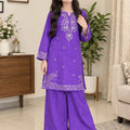 Front Embroidered Purple Kurta & Wide-Leg Palazzo 2-Piece Suit For Girls