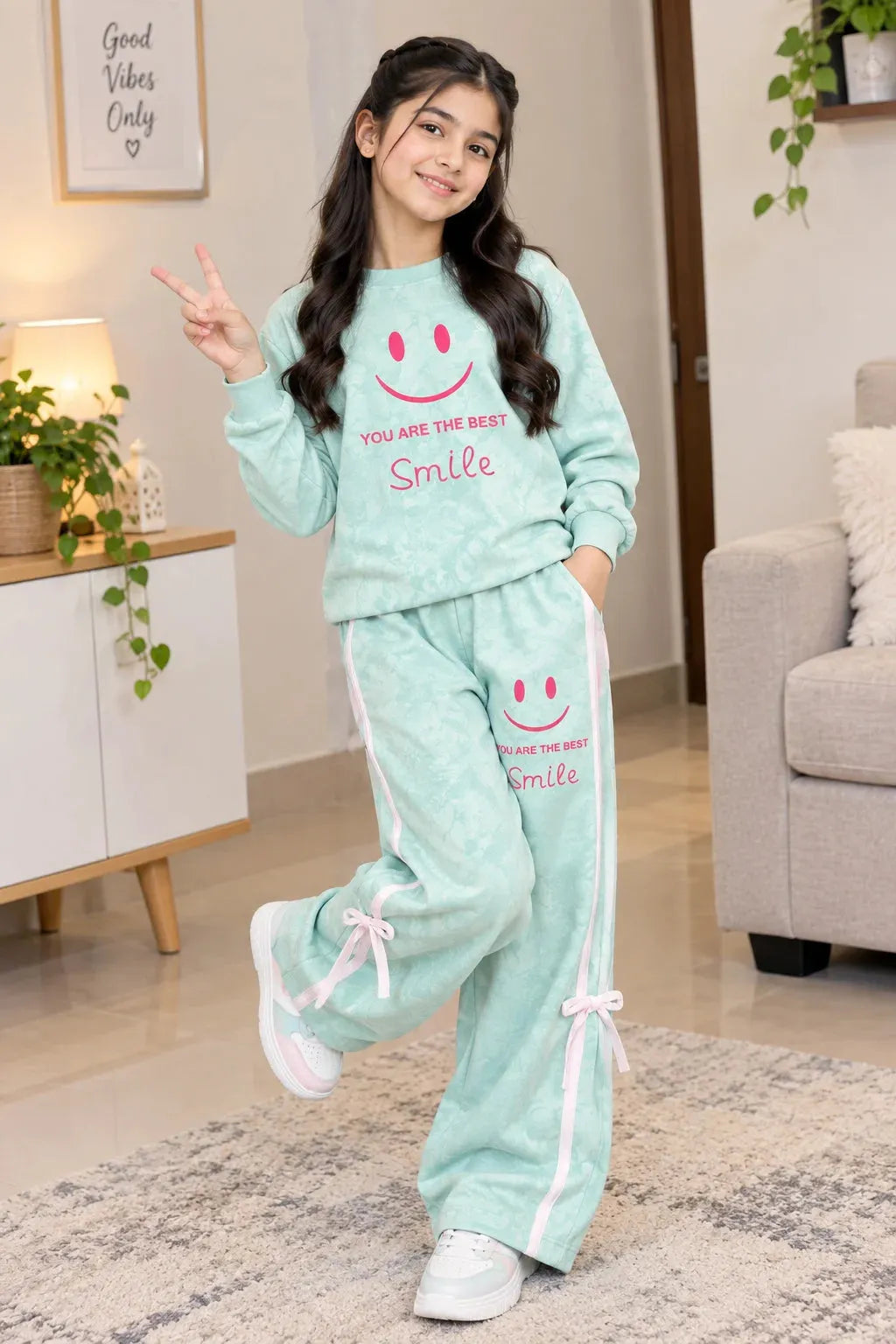 Smiley Print Sky Baggy Track-Suit For Girls