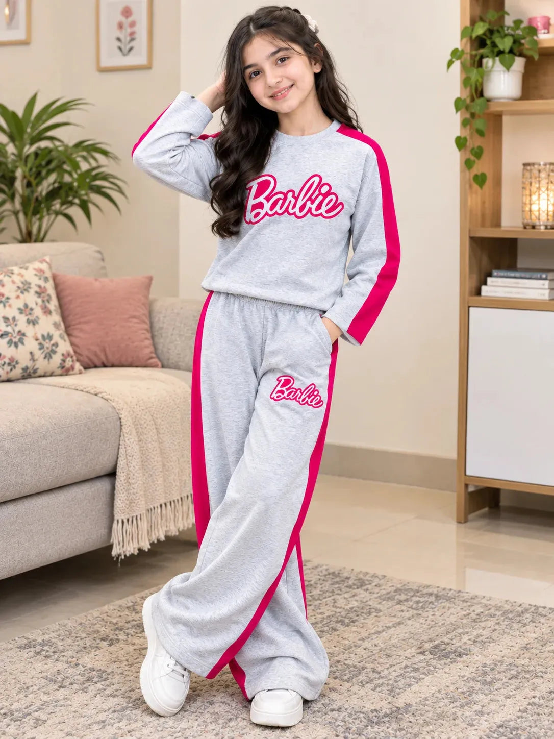 Barbie Print " Full Sleeve Off White Baggy Trouser Shirt For Girls ( R-506 N )