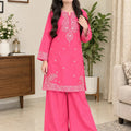 Front Embroidered Pink Kurta & Wide-Leg Palazzo 2-Piece Suit For Girls