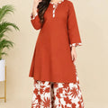 Terracotta Rust with Printed Wide-Leg Farshi Shalwar 2-Piece Suit For Women