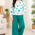 Flower Print White And Teal Track-Suit For Girls