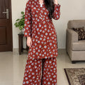Floral Print Dark Brown Corduroy Co-Ord Set For Women