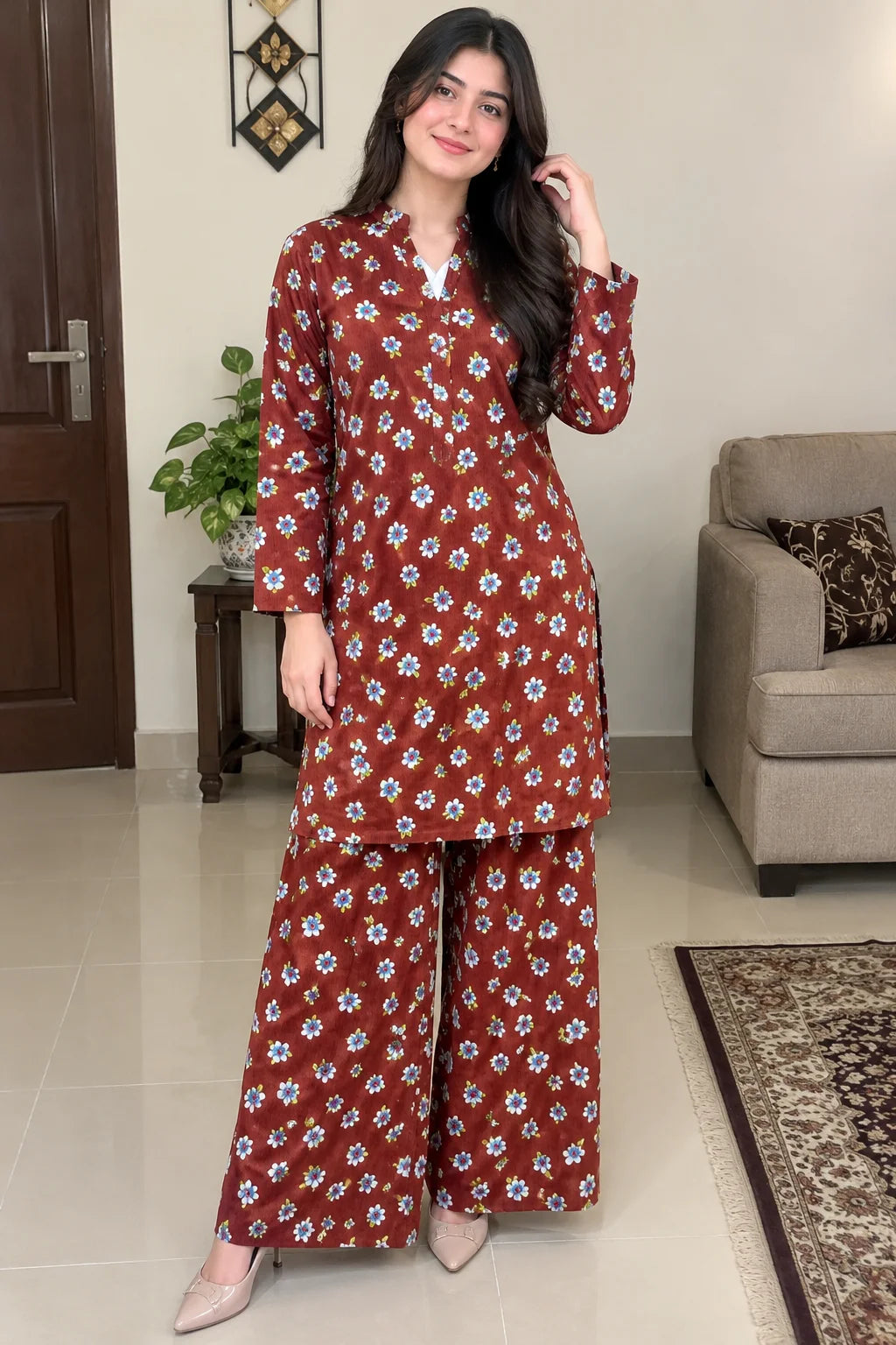 Floral Print Dark Brown Corduroy Co-Ord Set For Women