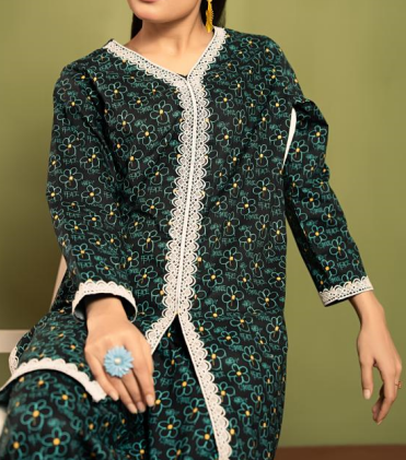 Green Flower Black 2Pcs Suit Women