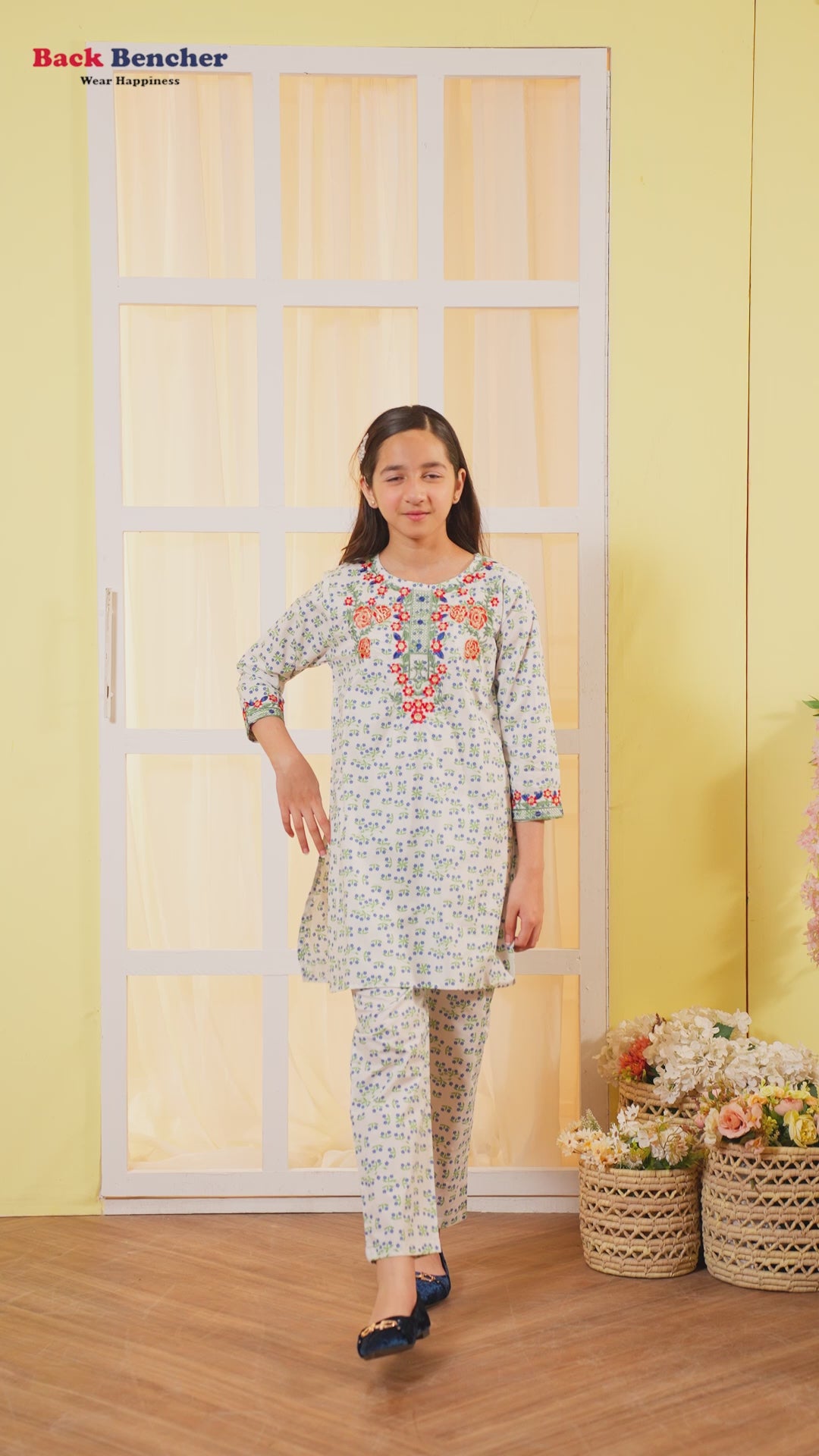 Front & Arms Embroidery Blue Flower White Pairs Girls ( R-375 )