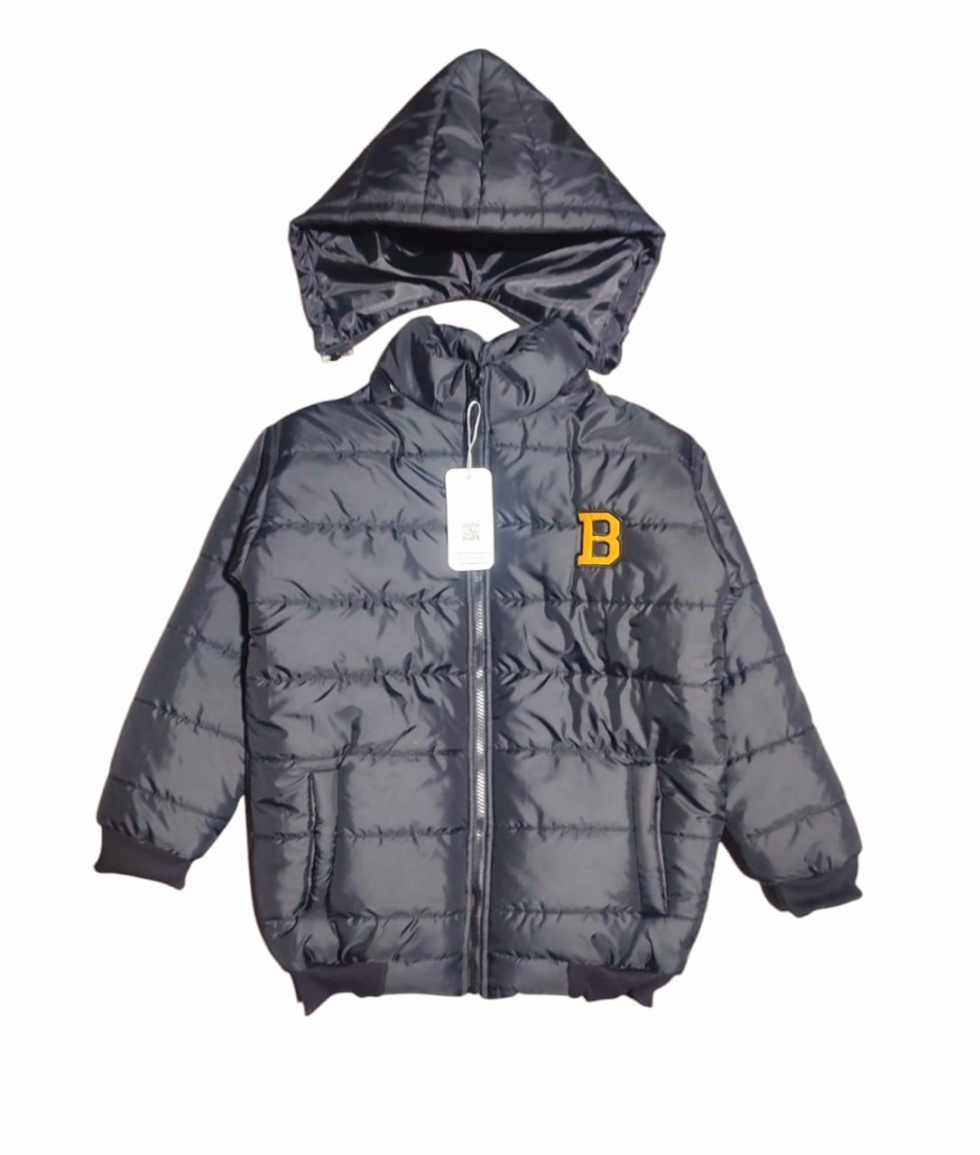 "B" Black Puffer Jacket Removable Hood Boys