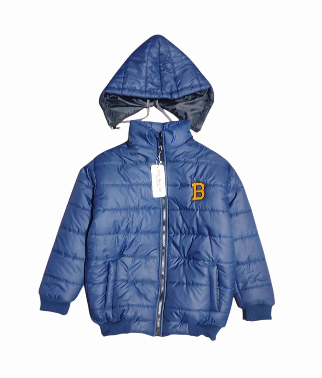 "B" Blue Puffer Jacket With Rib Removable Hood Boys