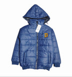 "B" Blue Puffer Jacket With Rib Removable Hood Girls
