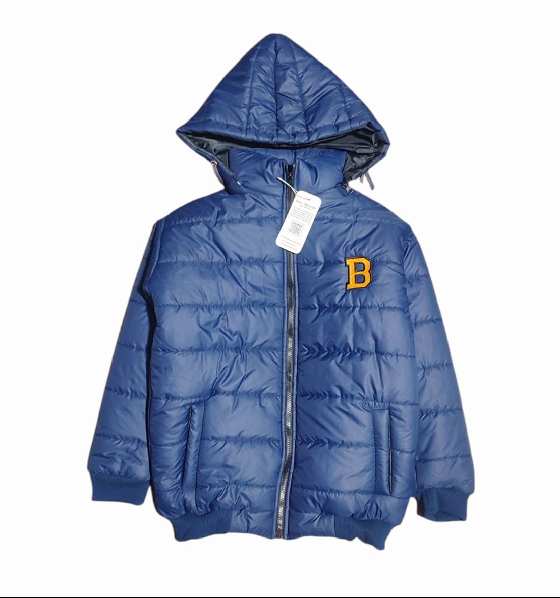 "B" Blue Puffer Jacket With Rib Removable Hood Boys