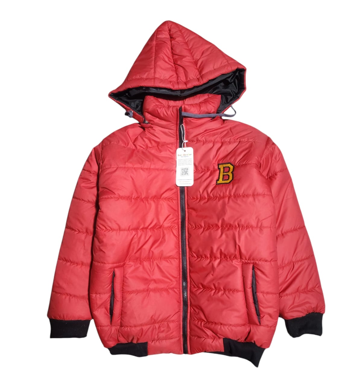 "B" Red Puffer Jacket With Rib Removable Hood Girls