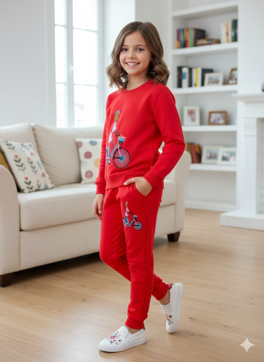 Doll With Cycle Embroidery Red Track-suit Girls