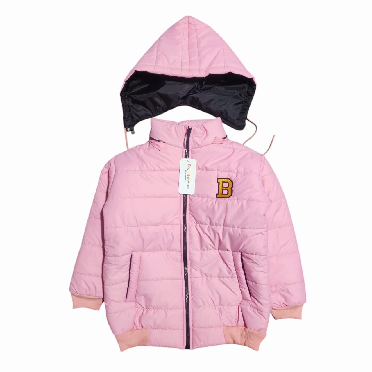 "B" Baby Pink Puffer Jacket Removable Hood Girls