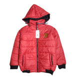 "B" Red Puffer Jacket With Rib Removable Hood Boys