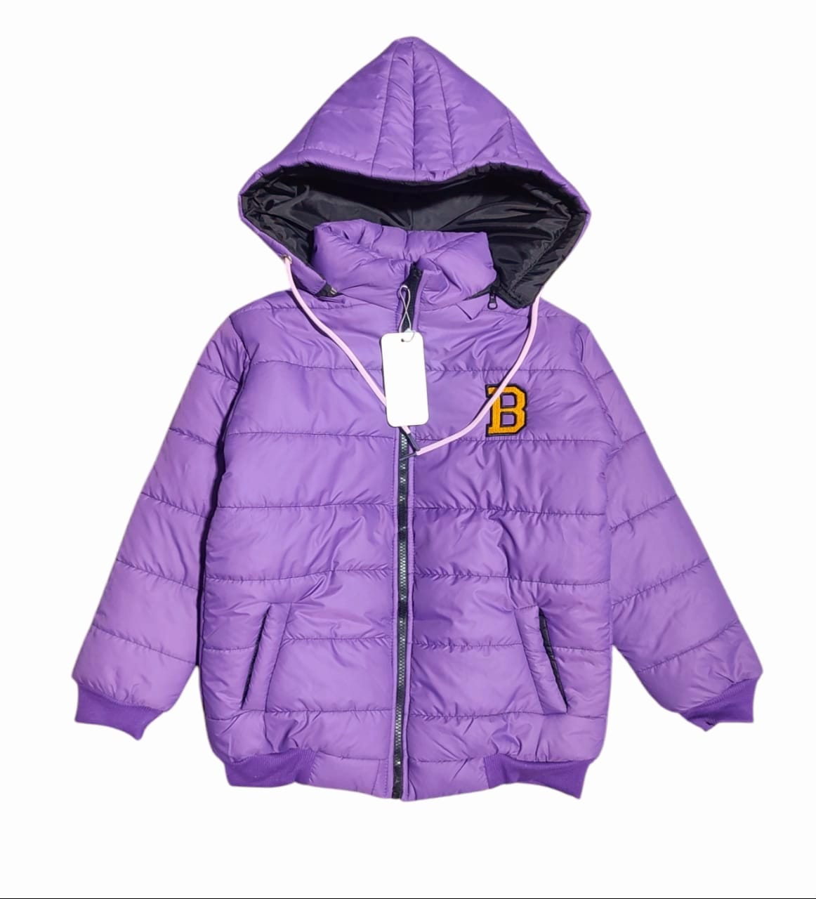 "B" Purple Puffer Jacket Removable Hood Girls