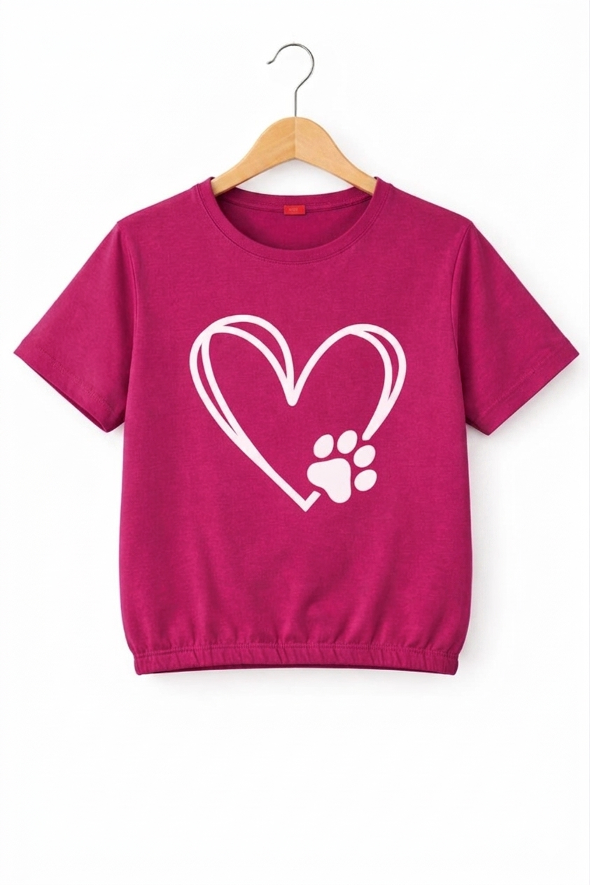 ( Short Length )Paws With Heart Dark Pink T-Shirt Girls ( R-110 )