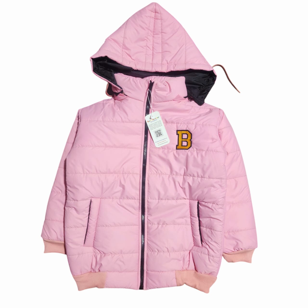 "B" Baby Pink Puffer Jacket Removable Hood Girls