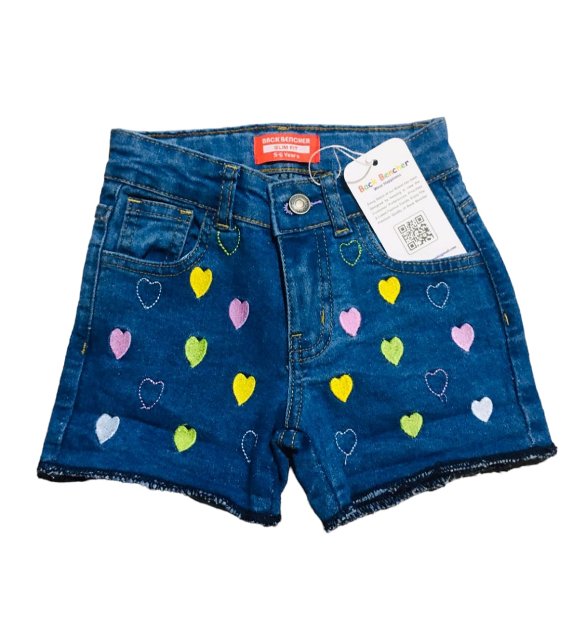 Two side Multi Hearts Mid Blue Denim Shorts Girls