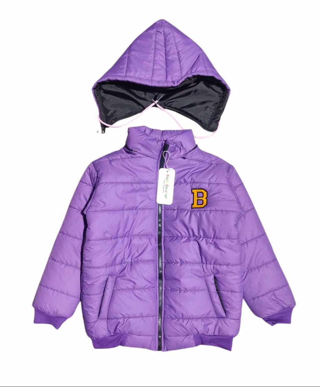 "B" Purple Puffer Jacket Removable Hood Girls