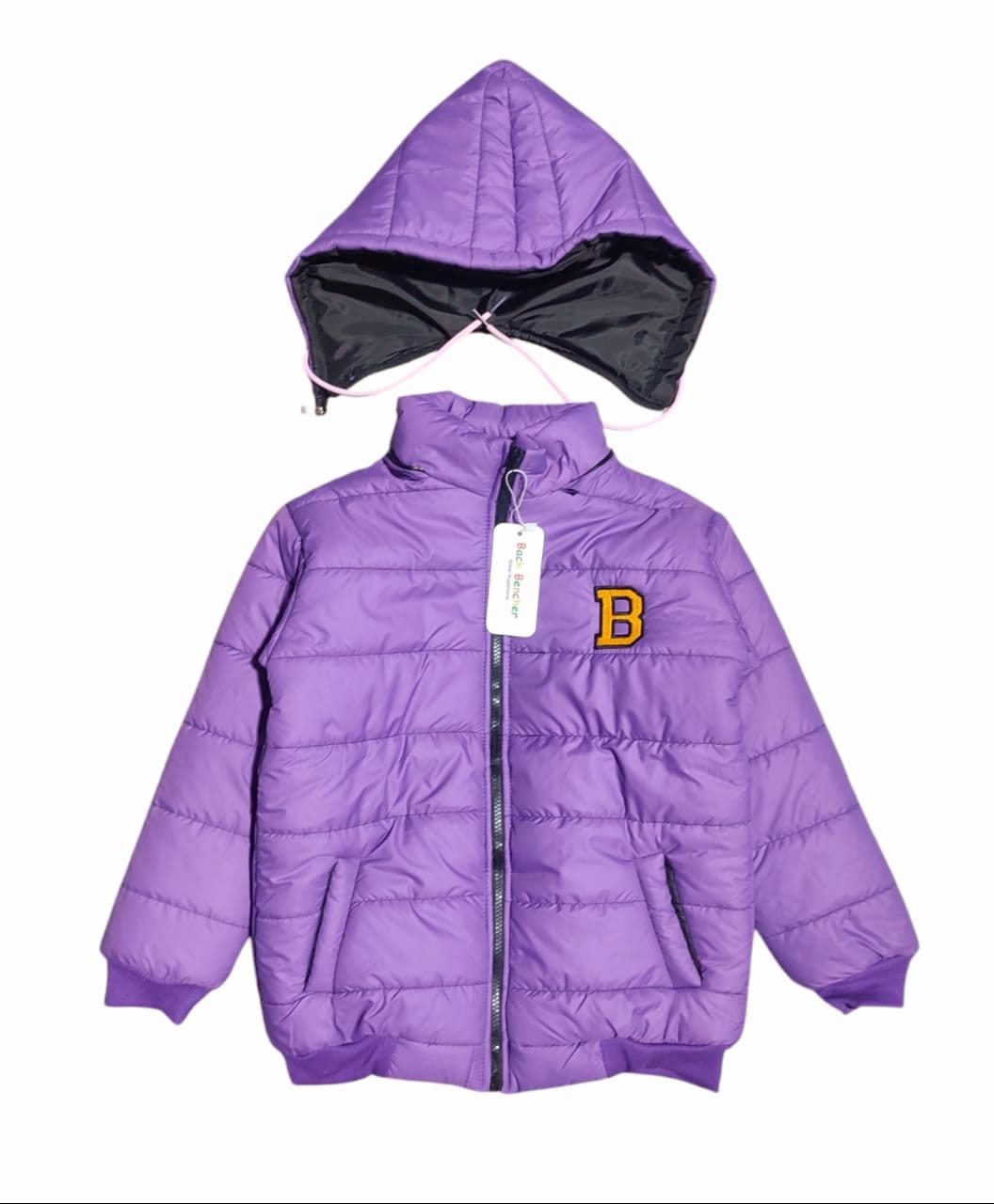 "B" Purple Puffer Jacket Removable Hood Girls