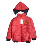 "B" Red Puffer Jacket With Rib Removable Hood Boys